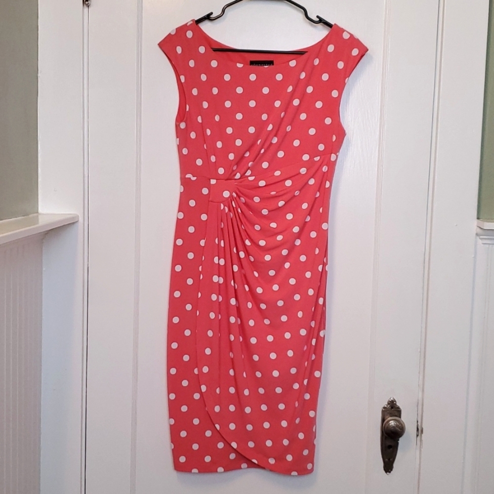 Coral Pink Polka-dot Faux Wrap Midi Dress
